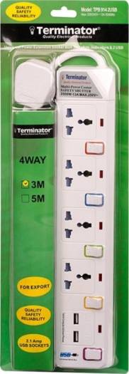 Terminator Multiway Power Extension 4way 3mtr 2USB TPB-914